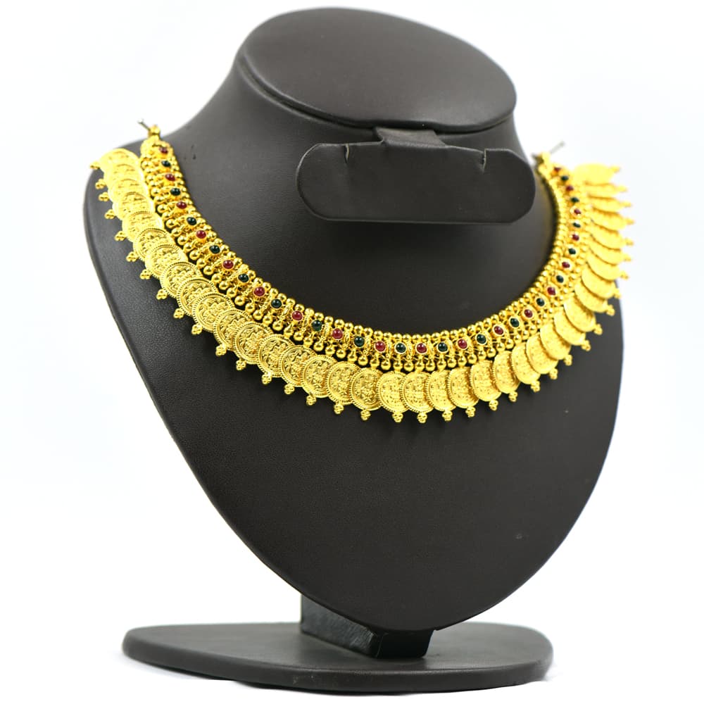 traditional gold coin necklace with multicolor stones